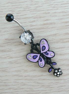 Angel穿刺饰品长款脐钉脐环紫色系蝴蝶吊坠防过敏316医用钢粗杆