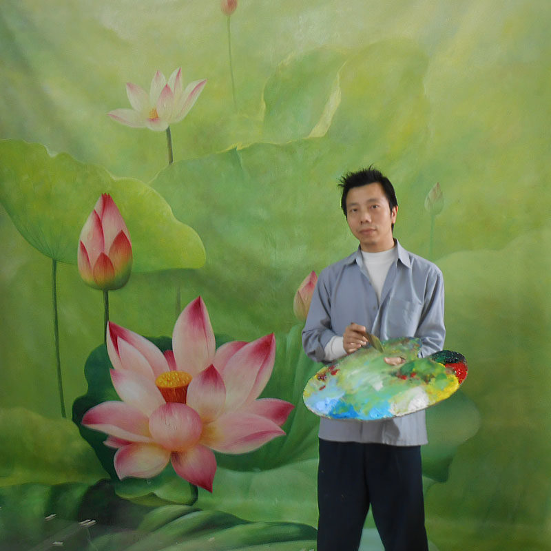 纯手绘油画艺术壁画墙体彩绘幼儿园酒店别墅餐电视墙荷花九鱼图