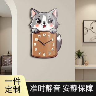 新款 饰钟表挂钟背景墙简约挂墙免打孔时钟 卡通小熊狗狗客厅餐厅装