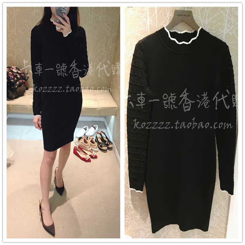卡車一號香港代購 KAREN MILLEN 18春夏 撞色领长袖直筒连衣裙
