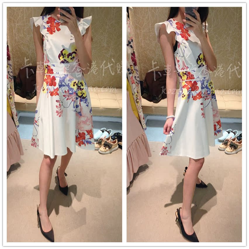 卡車一號香港代購 KAREN MILLEN 18春夏 复古飞袖印花气质连衣裙
