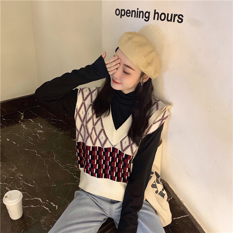 Real price ~ V-neck contrast color Plaid vest vest vest sweater + high collar solid color bottoming shirt 2819