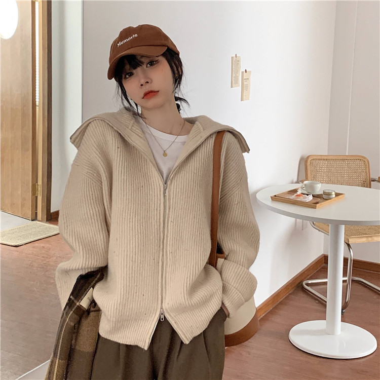 Real price ~ loose and versatile high collar zipper knitted sweater