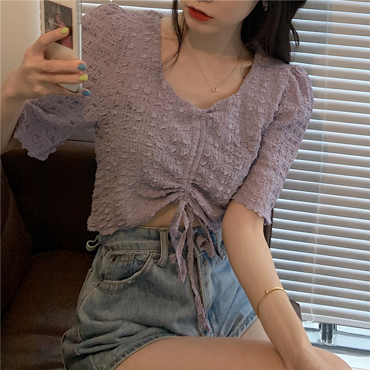 Real photo real price ~ loose pleated drawstring chiffon shirt