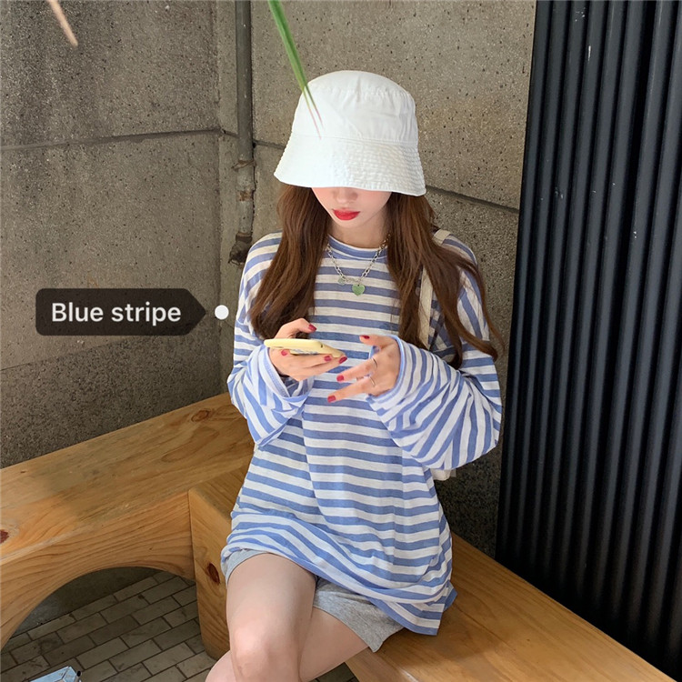 Real shot real price ~ loose and versatile low body missing stripe long sleeve T-shirt