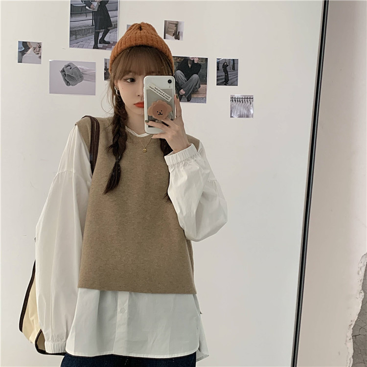 Real price ~ versatile pullover with knitted vest and loose round neck shirt