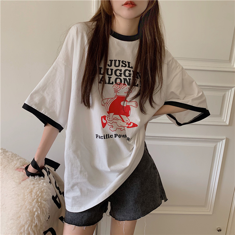 Real price ~ loose and versatile stitching contrast printed T-shirt