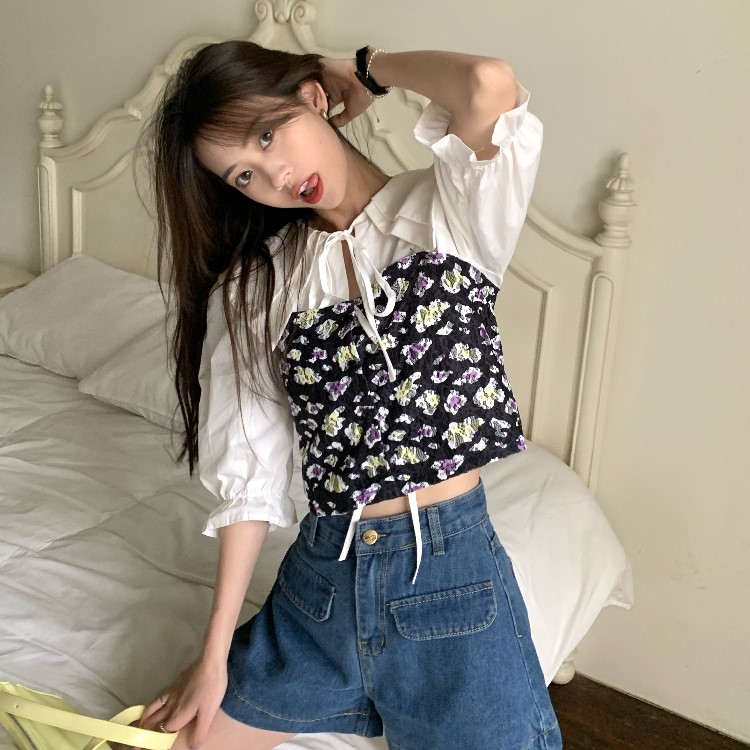 Real price ~ versatile thin lace up shirt + small floral sling