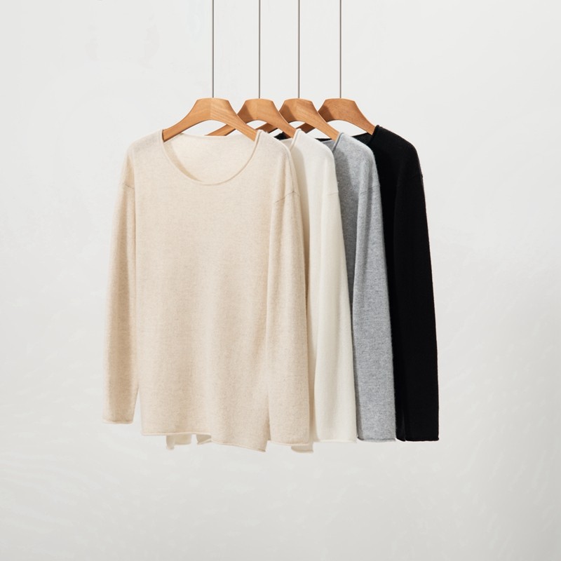 山羊绒衫女基础卷边圆领套头长袖宽松显瘦百搭打底针织衫慵懒风,女装/女士精品,羊绒衫,淘宝优惠券,粉丝福利购,淘宝优惠卷