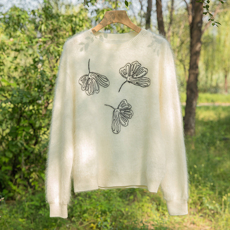 山羊绒拉绒银杏叶圆领花朵刺绣套头毛衣女长袖针织衫打底,女装/女士精品,羊绒衫,淘宝优惠券,粉丝福利购,淘宝优惠卷