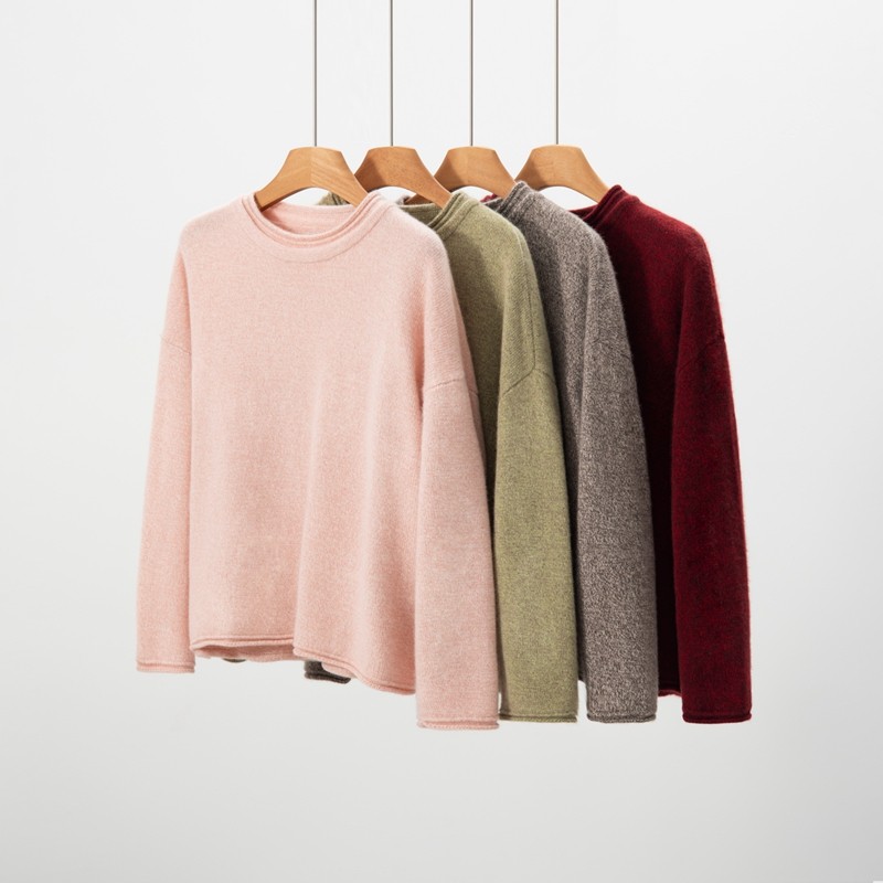 山羊绒衫女花纱卷边领加厚长袖宽松百搭针织打底衫极简风毛衣,女装/女士精品,羊绒衫,淘宝优惠券,粉丝福利购,淘宝优惠卷