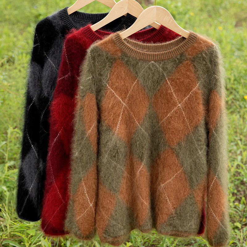 复古菱形格山羊绒衫女圆领宽松套头保暖针织毛衣内搭,女装/女士精品,羊绒衫,淘宝优惠券,粉丝福利购,淘宝优惠卷