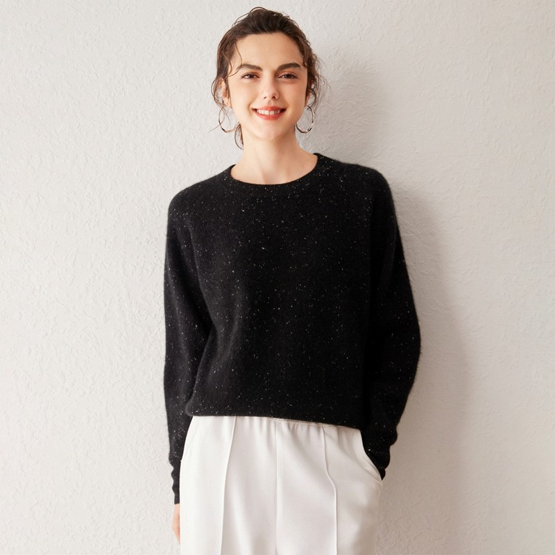 简约风山羊绒衫女彩点纱圆领长袖宽松百搭针织打底衫,女装/女士精品,羊绒衫,淘宝优惠券,粉丝福利购,淘宝优惠卷