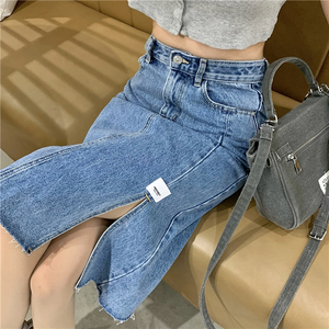 RM10716#韩版毛边开叉半身裙显高搭配炸街轻熟A字裙