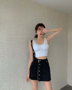 RM17972#韩版单排扣拉链高腰显瘦包臀裙牛仔半身裙短裙女裙