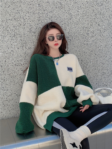 Real price! Contrast stitched lamb wool sweater round neck lazy loose long sleeve coat