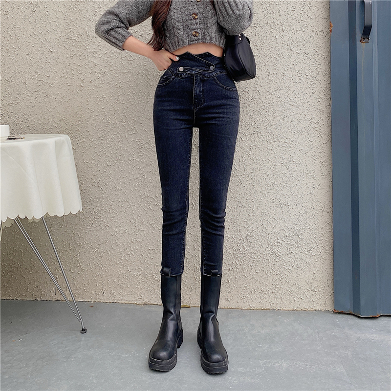 Real price! Korean chic pants with hip wrap and elastic high waisted jeans