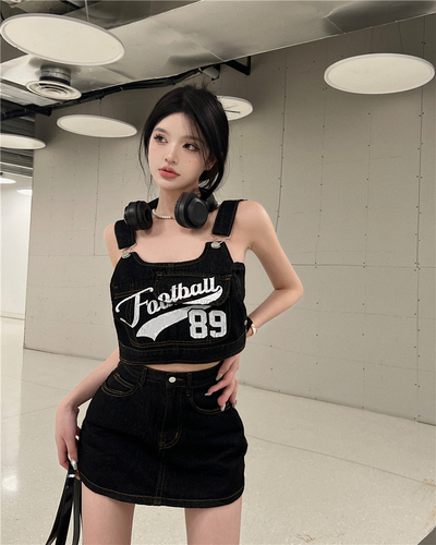 Real price sweet and spicy style retro tooling denim bag hip hakama suspender top suit