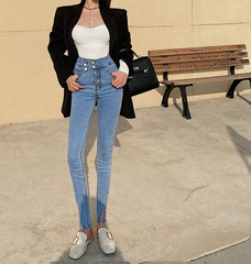 Real price! Design sense ins dislocation high waist pants slim fit split elastic leg jeans