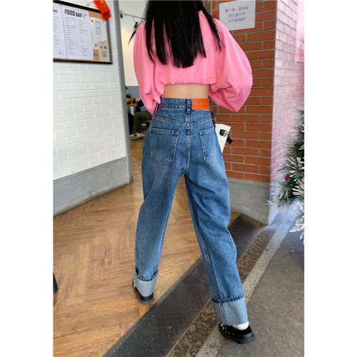 Real price! Hong Kong style retro high waist dad pants vertical straight tube loose wide leg jeans fashion