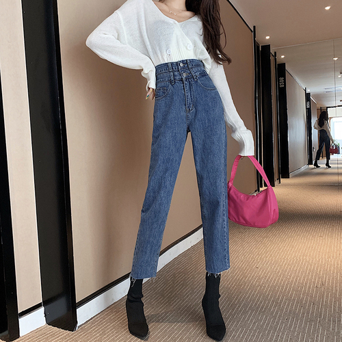 Real-price fashion Hong Kong flavor high waist retro washed jeans with ripped fringes and nine-minute pants