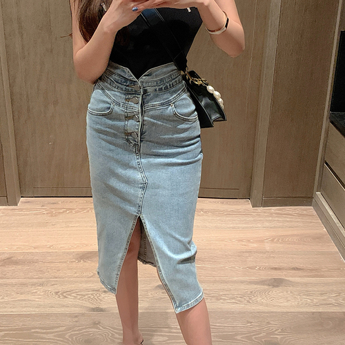 Real price! Korean design sense split elastic hip skirt slim sexy denim skirt