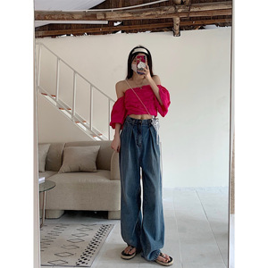 RM22019#INS新款垂感拖地裤慵懒潮流复古显瘦宽松牛仔裤