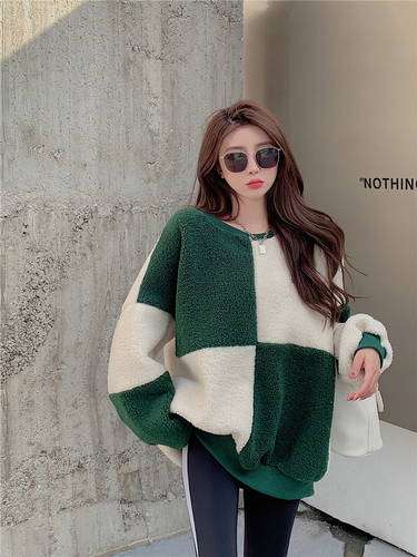 Real price! Contrast stitched lamb wool sweater round neck lazy loose long sleeve coat