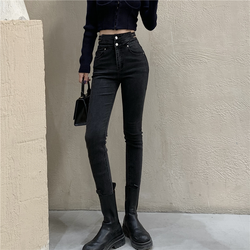 Real price! Korean design sense high waist hollow slim Stretch Skinny Jeans Women's fashion