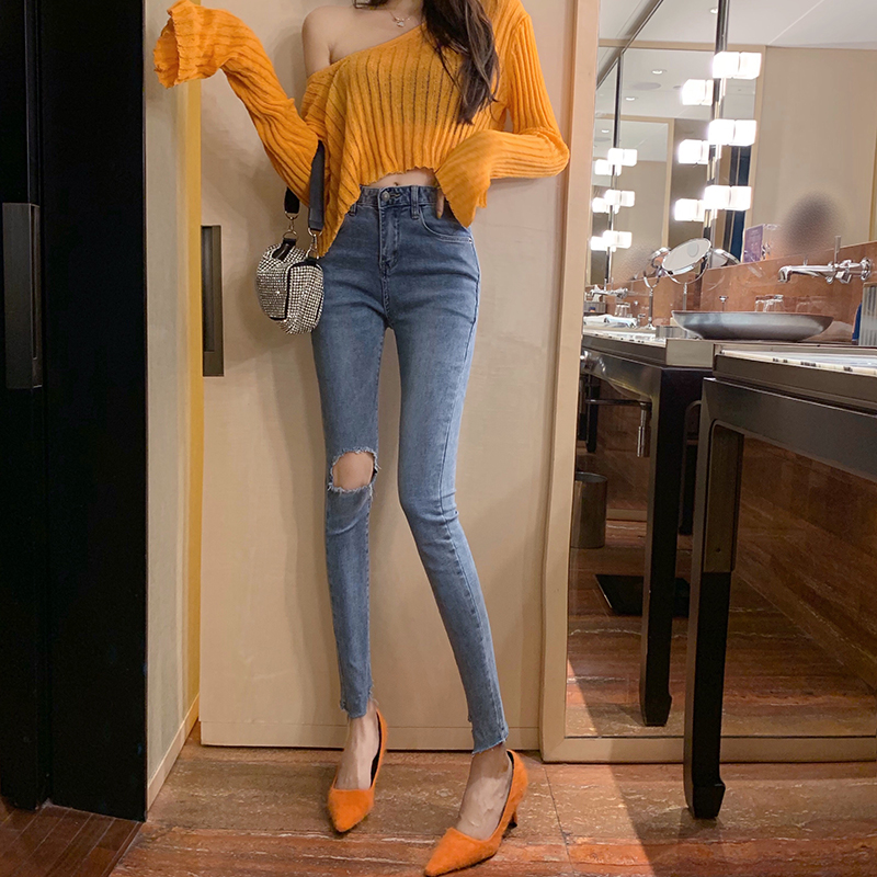 Real-price Hong Kong-flavored thin, high-waisted and hollow jeans for women with stretch and self-cultivation