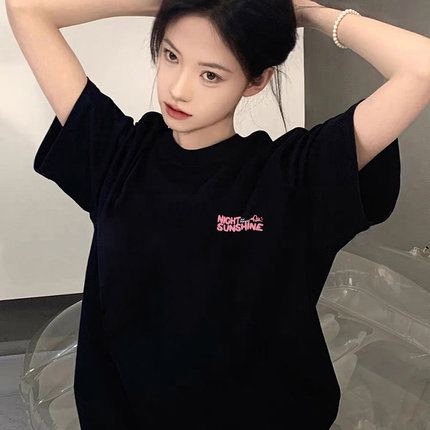 纯棉短袖t恤女2026新款夏显瘦超火减龄上衣设计感宽松黑色高级感