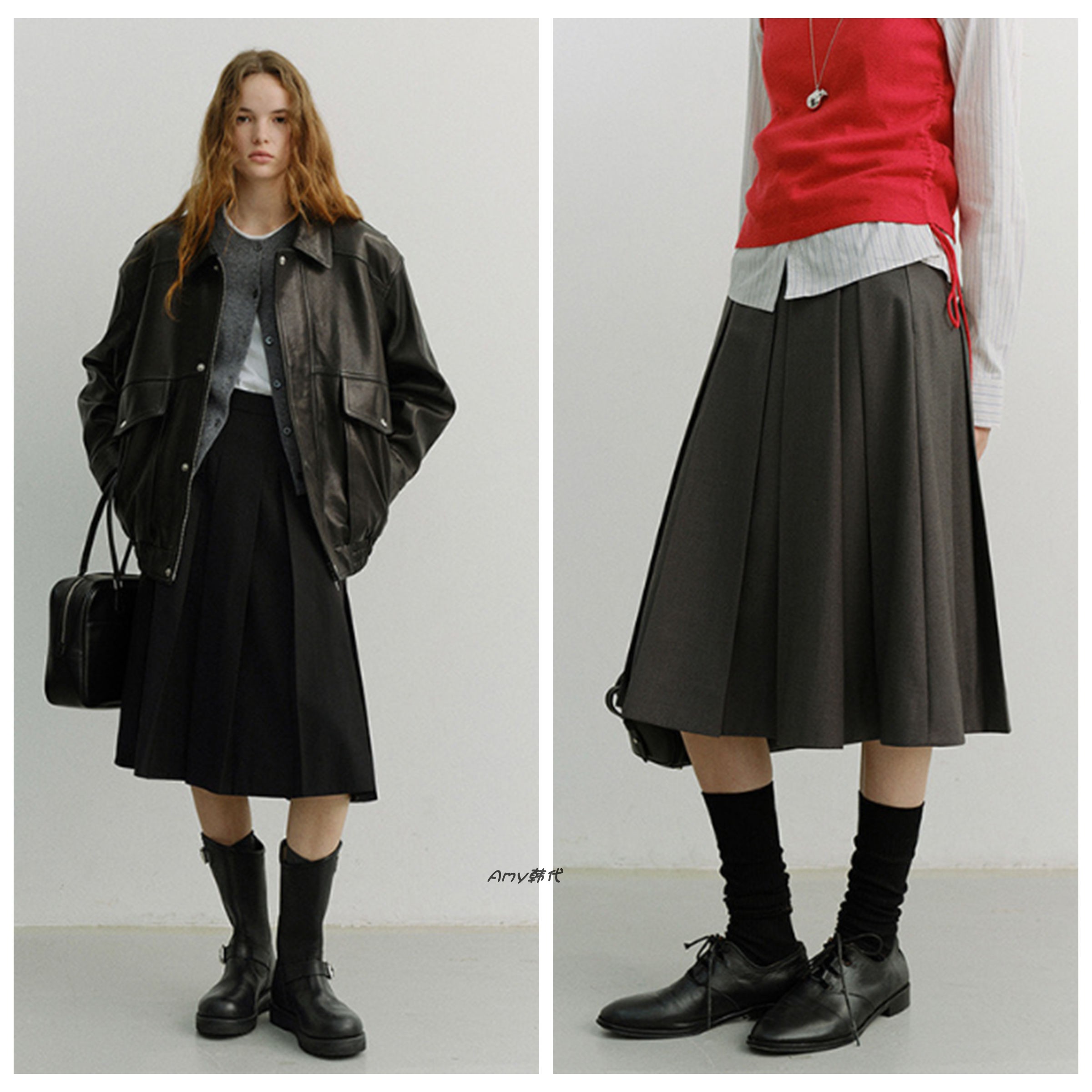 折扣韩国代购26春款DUNST VOLUME PLEATS MIDI SKIRT皱褶半身裙