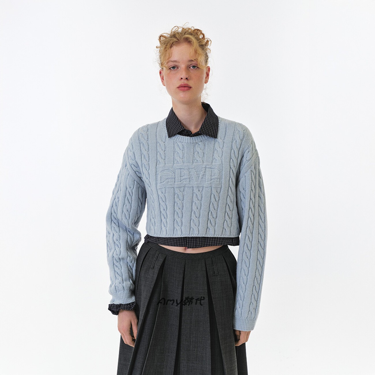 Amy韩国代购GROVE 25FW SOPHIE CROP KNIT短款麻花辫毛衣4色