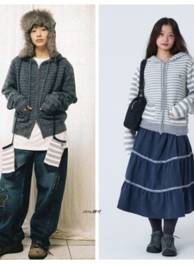 折扣Amy韩国直邮25冬aeae STRIPE HOOD KNIT条纹连帽针织拉链外套