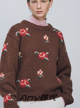 SIENNE韩国直邮25秋冬 Rose Wool Hand 100%羊毛 提花圆领针织衫