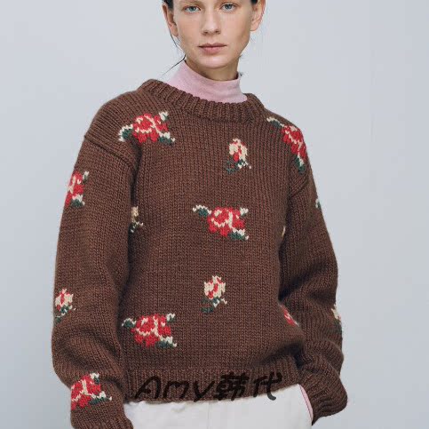 SIENNE韩国直邮25秋冬 Rose Wool Hand 100%羊毛 提花圆领针织衫