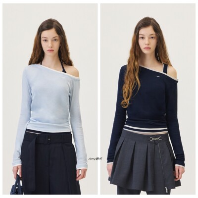 Amy韩国代购GROVE 26春款MELI OFF-SHOULDER纯棉长袖斜肩T恤4色