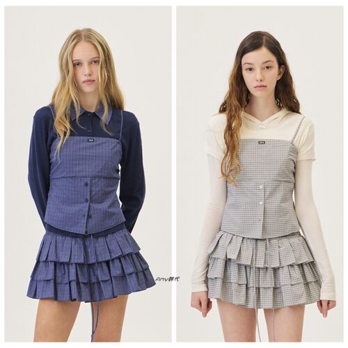 Amy韩国代购GROVE 26春款BLAINE CHECK SLEEVELESS 格子小吊带2色