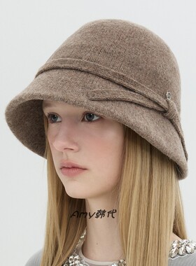 Amy韩国代购 25秋冬Brown hat  Ivy Knit Hat蝴蝶结针织渔夫帽4色
