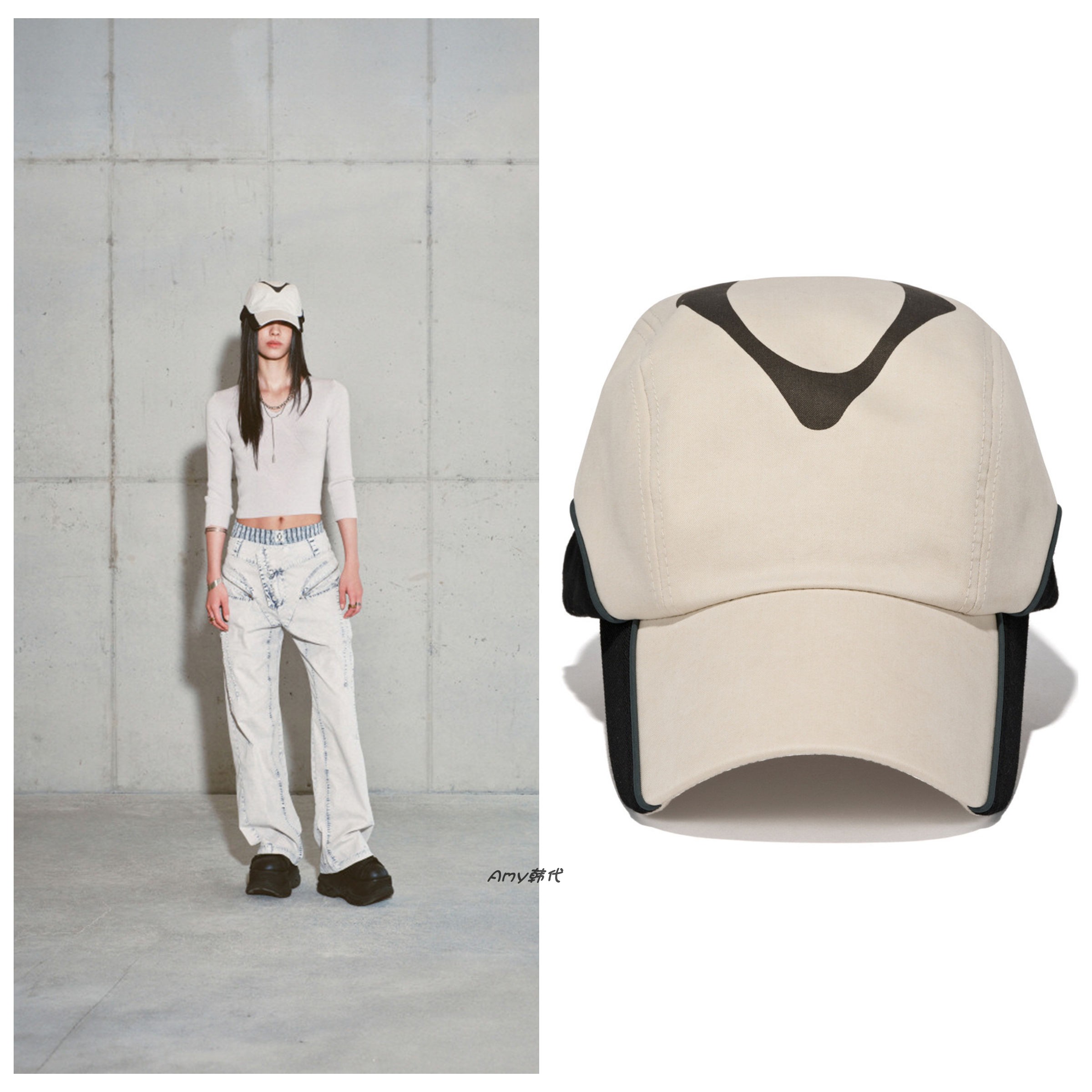 25秋冬Amy韩国代购 mschf 菱形棉质米色鸭舌帽