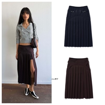 韩国代购mschf 混纺分层皱褶中长裙LAYERED PLEATED MAXI SKIRT