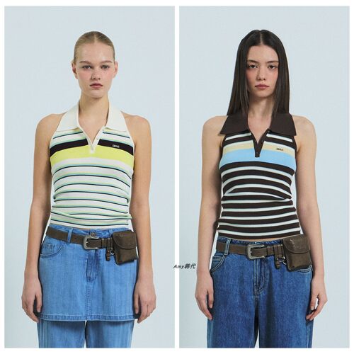 韩国正品代购G* 26夏款条纹挂脖背心针织ROMY STRIPE HALTER KNIT