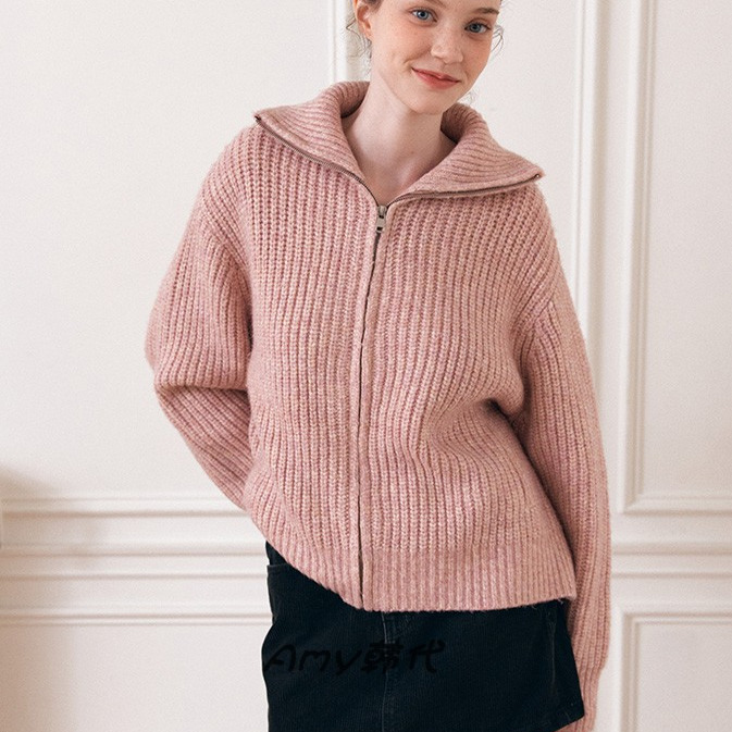 Amy韩国代购Lotsyou 25秋冬粉色拉链毛衣开衫Harper Knit Zip-Up
