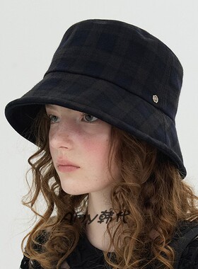 Amy韩国代购Brown hat Reversible Bucket Hat双面羊毛格纹渔夫帽