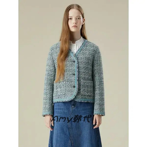 Amy韩国代购[Thursday Island] V领粗花呢外套T238MJK237W