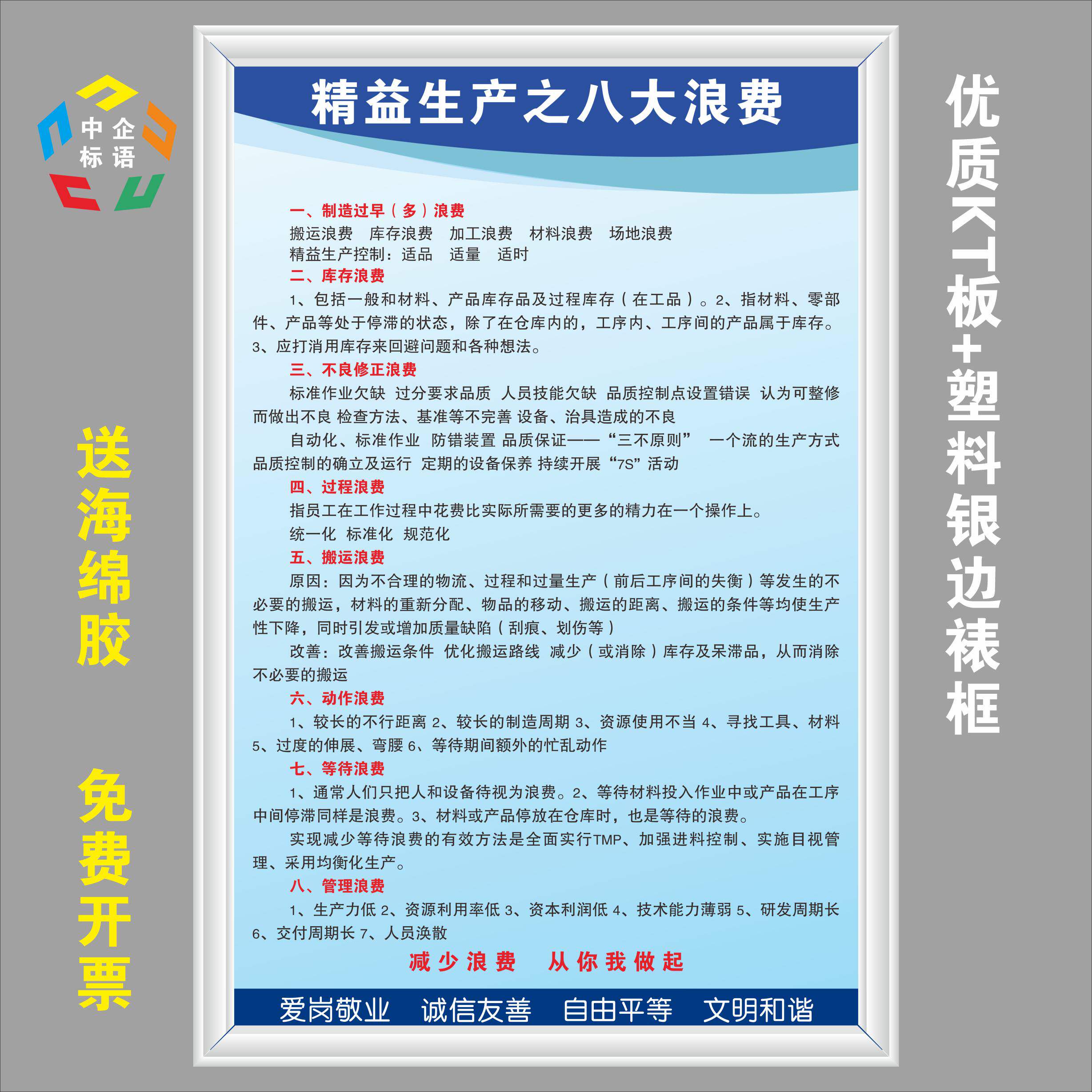 精益生产之八大浪费车间工厂安全生产标语标牌管理制度kt看板上墙