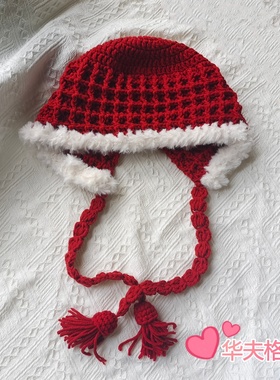 爆款纯手工钩织复古红色华夫格护耳帽儿童成人款亲子款成品皮草线