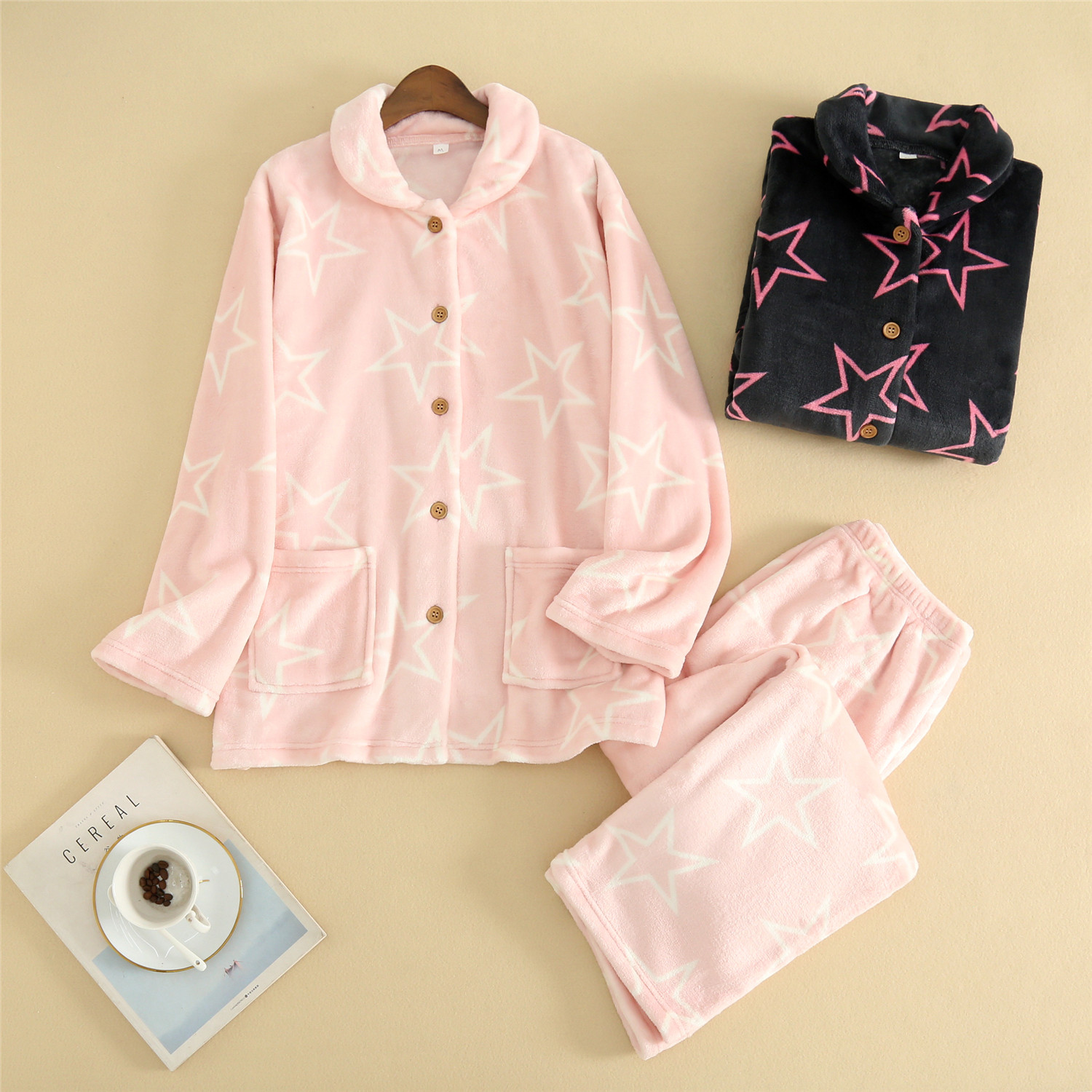 冬季珊瑚绒睡衣套装女式加厚保暖