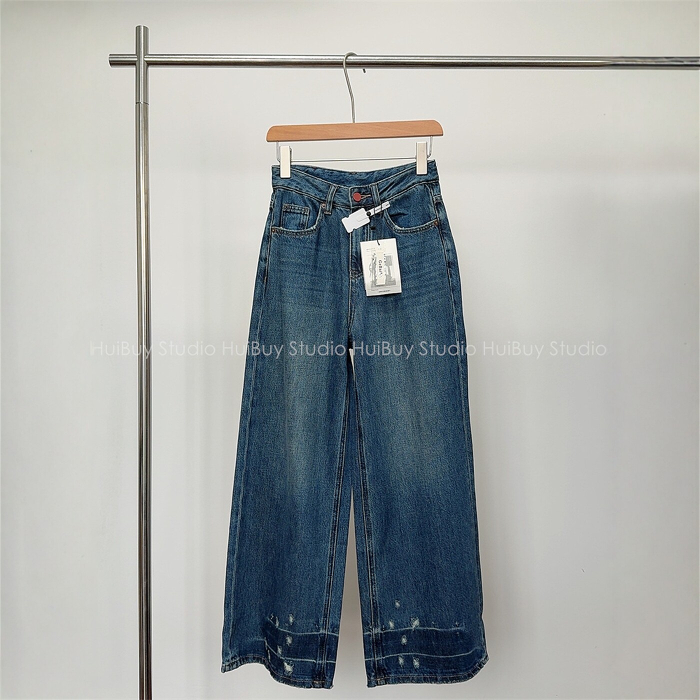 【会buy实拍】复古裤脚磨破牛仔裤女秋季荃棉高腰直筒阔腿裤长裤