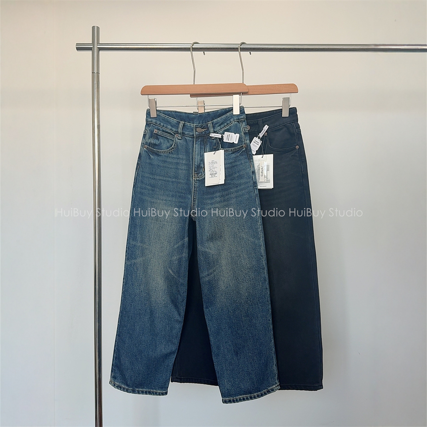 【会buy实拍】植绒复古直腿蓝牛~无弹直筒法棍裤高腰九分牛仔裤冬